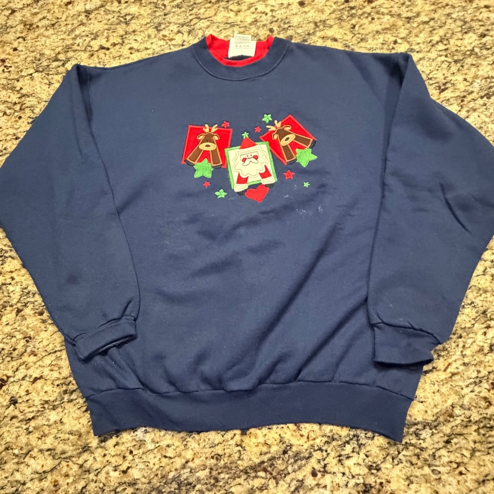 Vintage MC Energy Christmas Sweatshirt Womens Large Navy Santa Reindeer Holiday